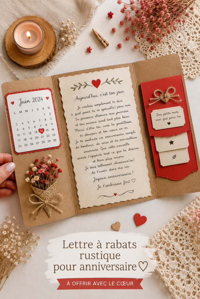 Lettre d'anniversaire rustique décorée avec des éléments naturels