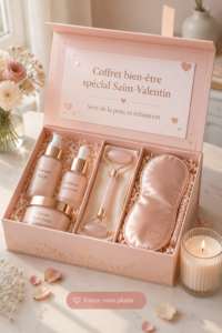 Un joli panier de soins bien-être pour la Saint-Valentin rempli de produits relaxants.