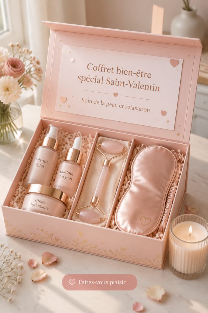 Un joli panier de soins bien-être pour la Saint-Valentin rempli de produits relaxants.