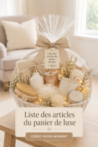 Un panier cadeau de luxe joliment présenté avec des produits variés et raffinés.