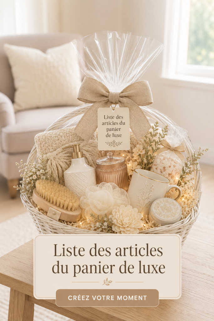 Un panier cadeau de luxe joliment présenté avec des produits variés et raffinés.