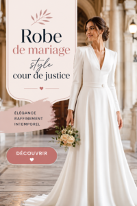 Robe de mariage élégante inspirée des styles judiciaires, avec un design raffiné et des détails subtils.