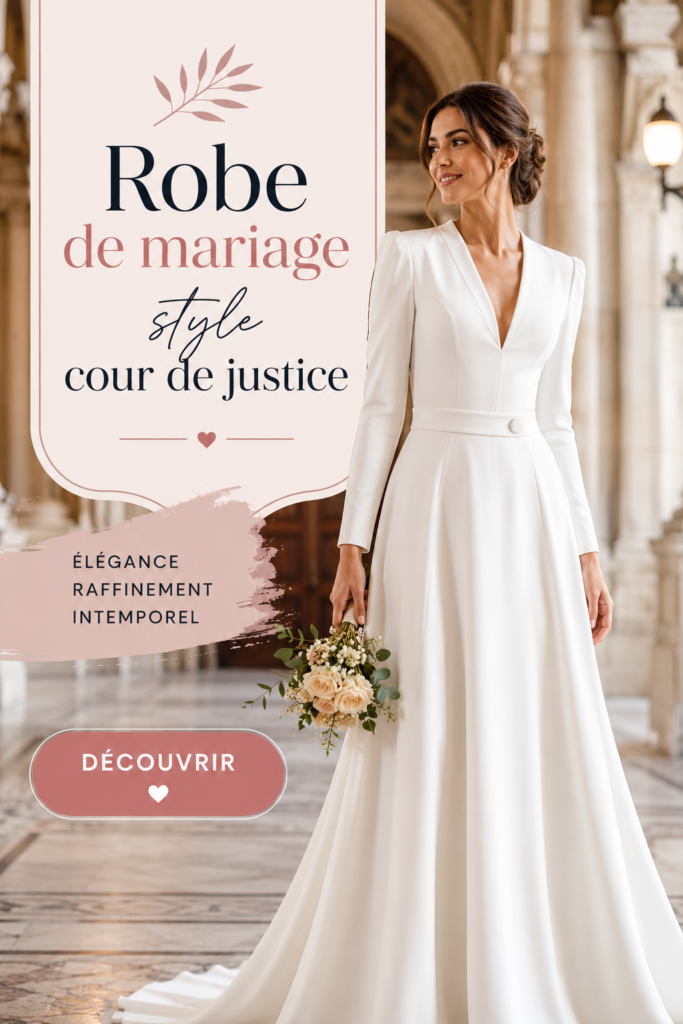 Robe de mariage élégante inspirée des styles judiciaires, avec un design raffiné et des détails subtils.