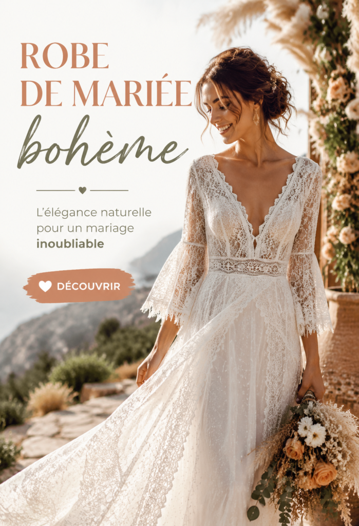 Robe de mariée bohème fluide en dentelle, idéale pour un mariage champêtre.