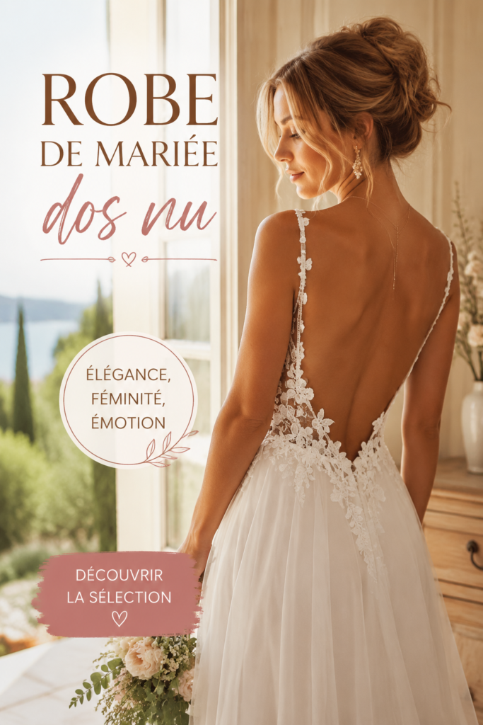 Robe de mariée dos nu élégante portée par une mariée rayonnante.