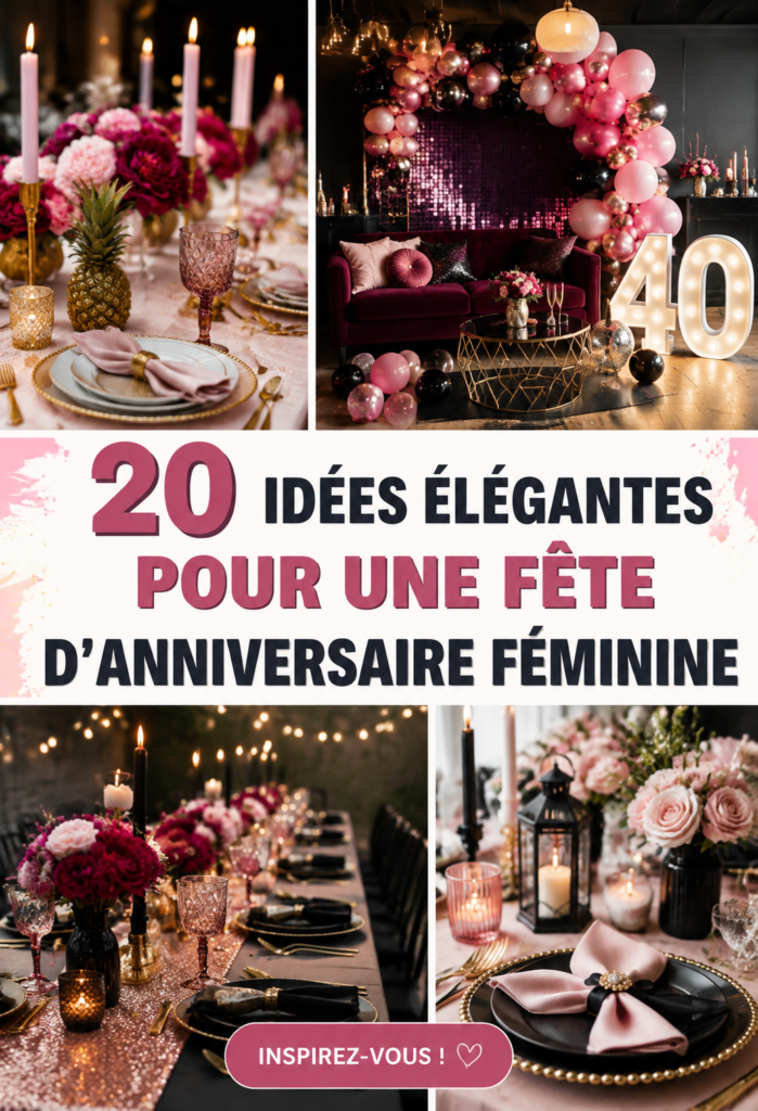 Illustration de plusieurs thèmes d'anniversaire élégants pour femmes, avec des décorations raffinées.