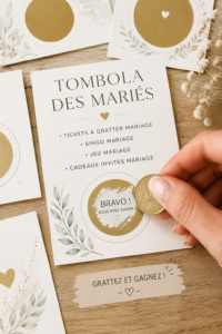 Tombola de mariage avec des tickets à gratter et cadeaux