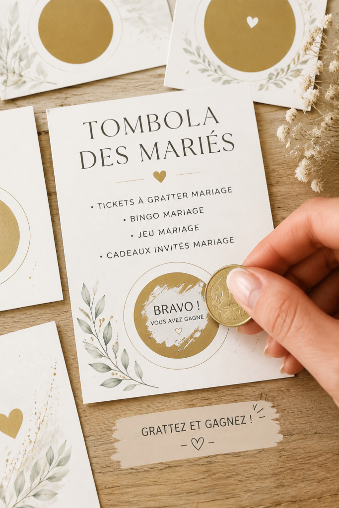 Tombola de mariage avec des tickets à gratter et cadeaux