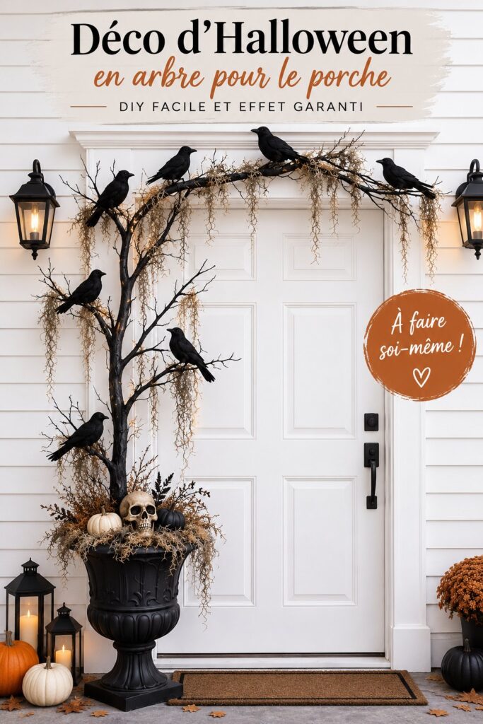 Un arbre décoré pour Halloween sur un porche, avec des éléments DIY tels que des lanternes et des toiles d'araignée.