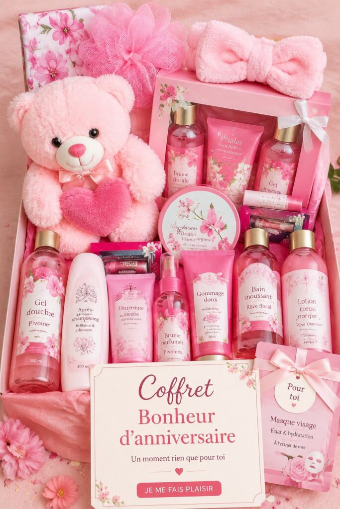 Une boîte cadeau spa personnalisée remplie de produits de bien-être.
