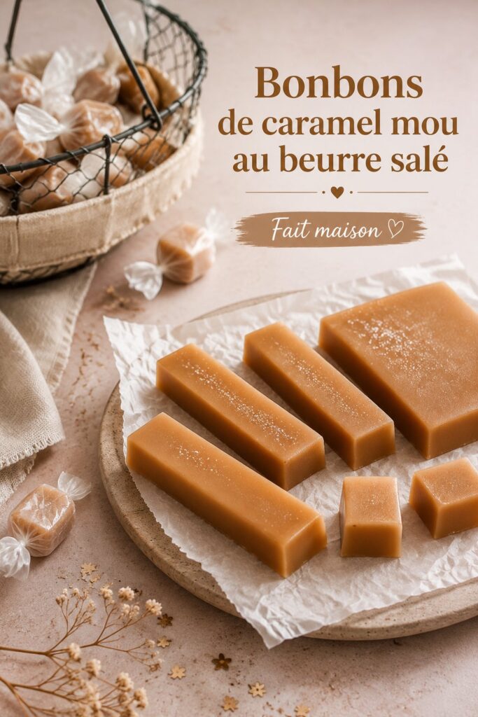 Un assortiment de bonbons de caramel mou au beurre salé sur une table en bois