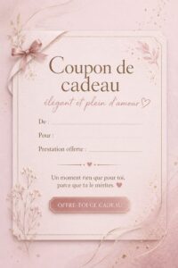 Une présentation élégante d'un bon cadeau entouré de fleurs et de décorations douces.