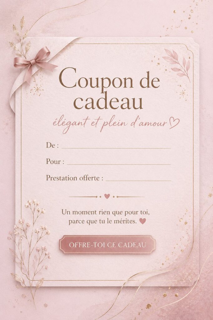 Une présentation élégante d'un bon cadeau entouré de fleurs et de décorations douces.