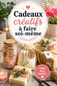 Un assortiment de cadeaux faits main sur une table en bois, incluant des objets décoratifs et artisanaux.