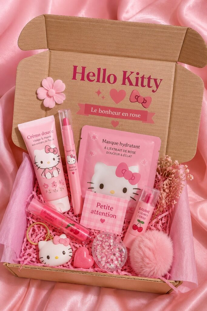 Cadeaux Hello Kitty variés, incluant plushies et accessoires colorés