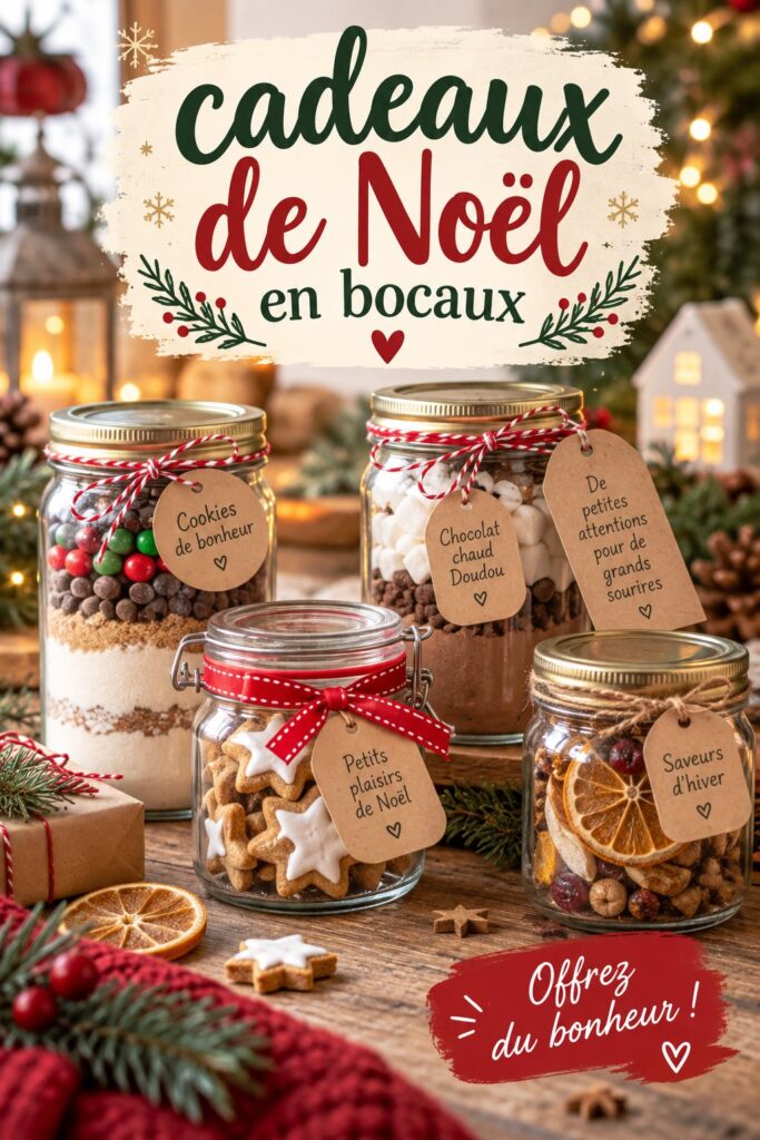 Des bocaux colorés remplis de douceurs pour Noël, soigneusement préparés en idée cadeau.