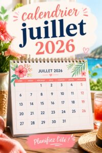 Calendrier juillet 2026 à imprimer, idéal pour organiser vos vacances d'été.