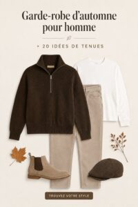 Inspiration capsule wardrobe automnale pour homme avec divers vêtements et accessoires de saison.
