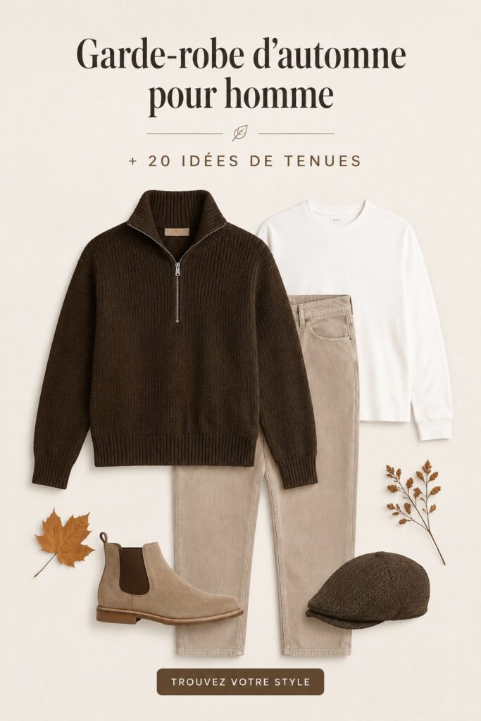Inspiration capsule wardrobe automnale pour homme avec divers vêtements et accessoires de saison.