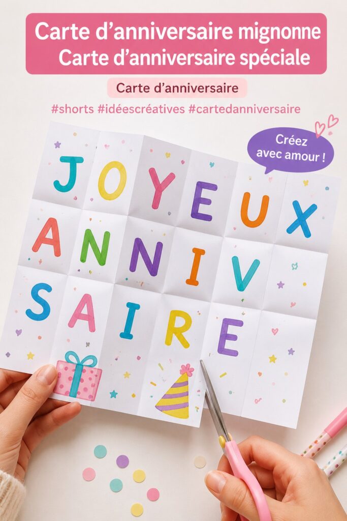 Carte d'anniversaire mignonne et colorée faite main avec des embellissements.