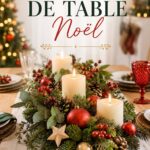 Un élégant centre de table de Noël décoré avec des bougies et des éléments naturels