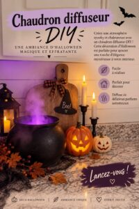 Chaudron diffuseur décoratif pour Halloween avec des senteurs automnales.