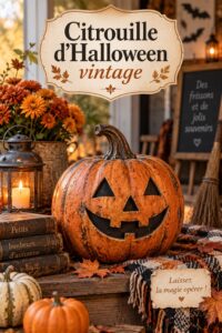 Une collection de citrouilles vintage décoratives pour Halloween disposées sur une table