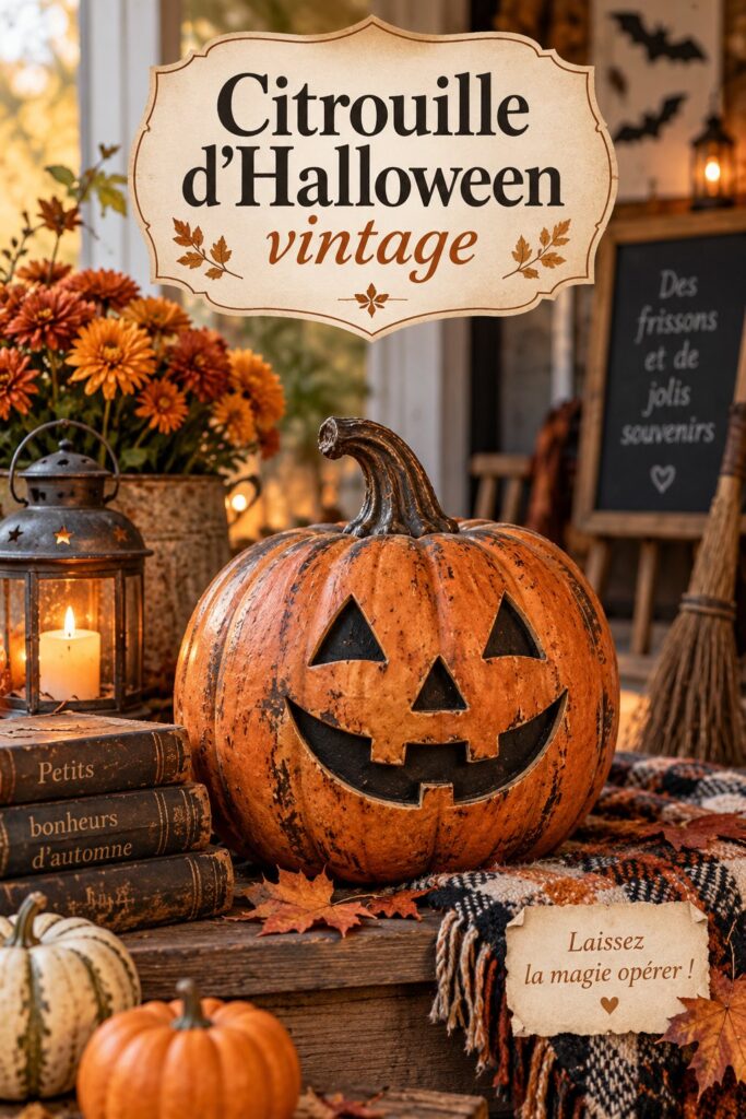Une collection de citrouilles vintage décoratives pour Halloween disposées sur une table