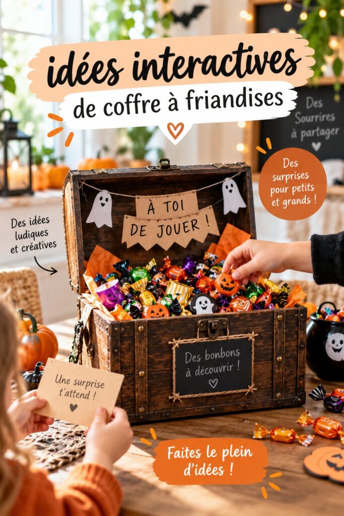 Coffre à friandises décoré avec des bonbons colorés pour une fête joyeuse.