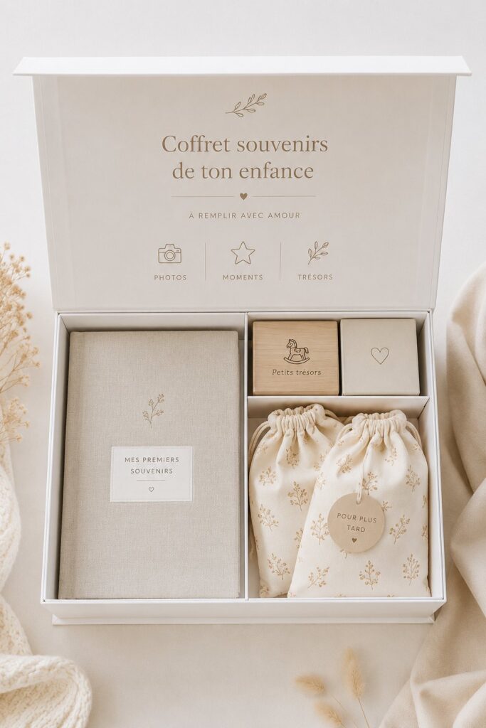Coffret souvenirs rempli de photos et objets d'enfance sur une table