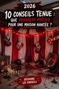 Groupe d'amis portant des tenues variées en visite dans une maison hantée.