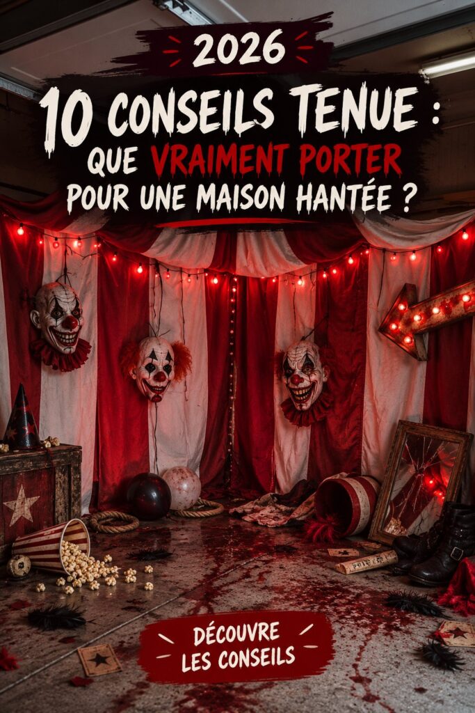 Groupe d'amis portant des tenues variées en visite dans une maison hantée.