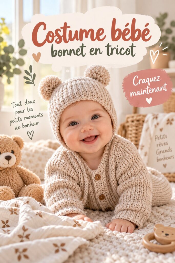Costume en tricot doux pour bébé avec un joli bonnet.