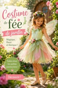 Une petite fille en costume de fée de jardin, s'émerveillant sous un arbre fleuri.