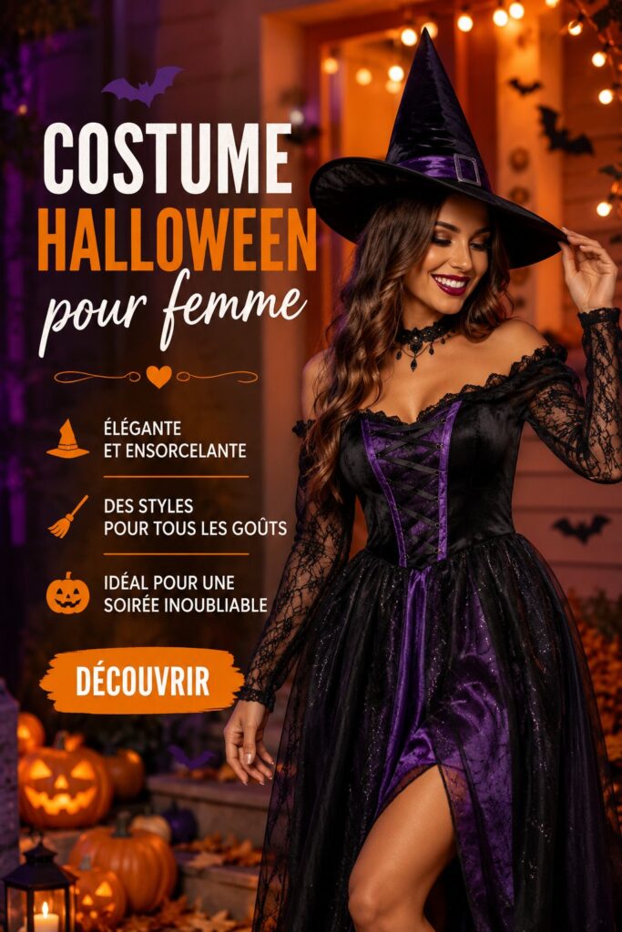 Costume Halloween pour femme composé d'une cape noire et d'une robe élégante