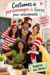 Enseignant en costume inspiré d'un personnage de livre devant une classe