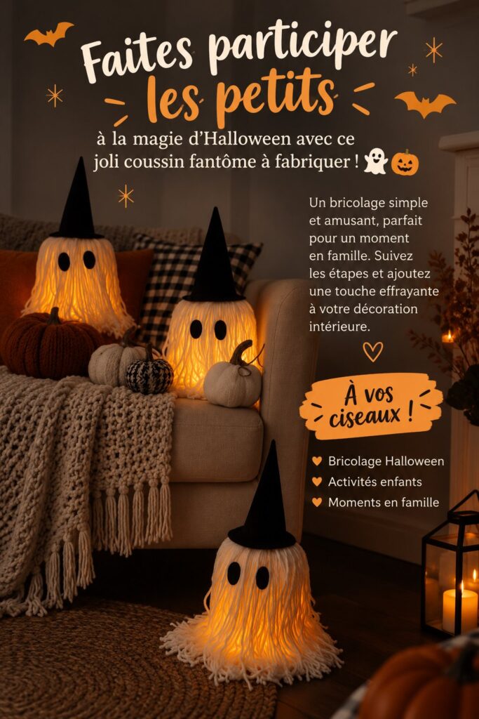 Coussin fantôme DIY décoratif pour Halloween sur un canapé
