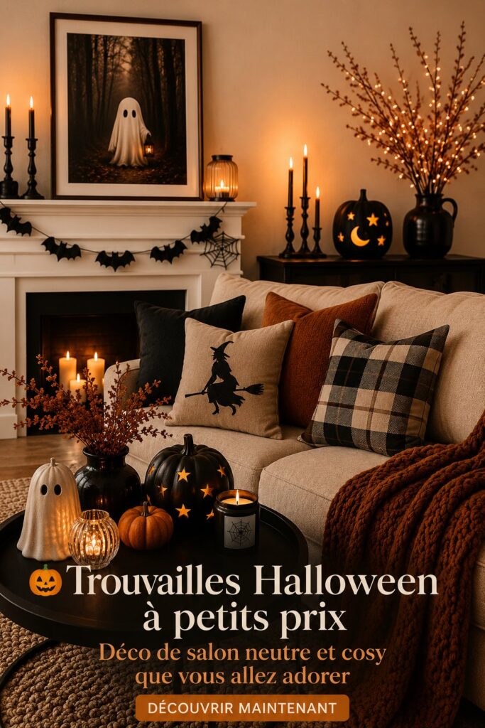 Salon agréablement décoré pour Halloween avec des tons neutres