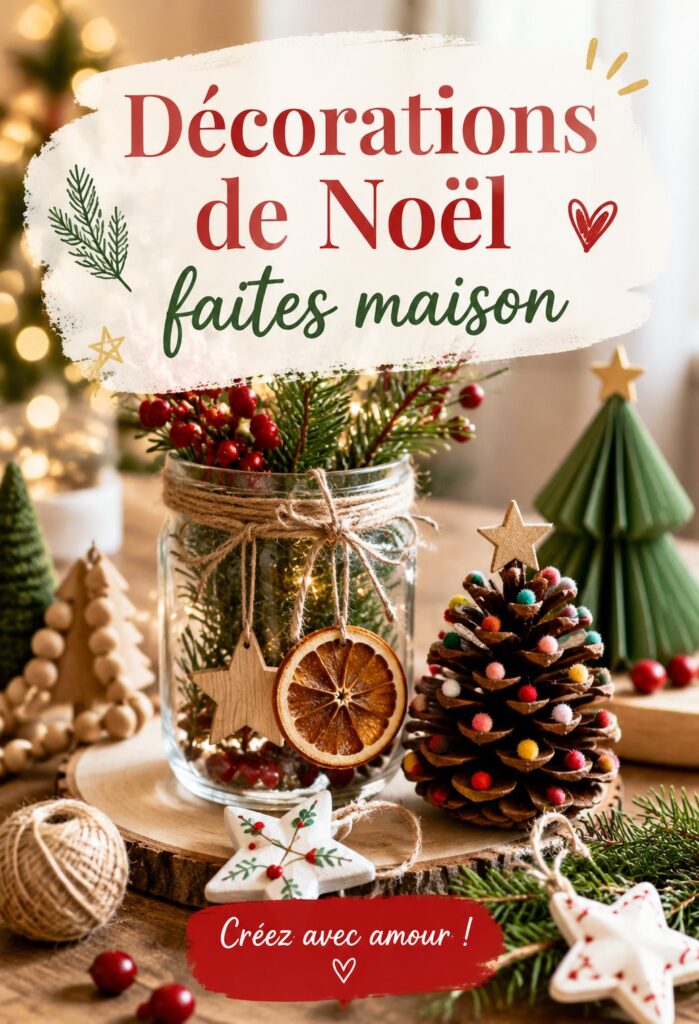 Décorations de Noël faites maison en bois naturel avec des éléments festifs
