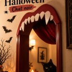 Décoration d'Halloween avec motifs de chats noirs, créant une ambiance mystérieuse.