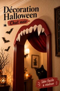 Décoration d'Halloween avec motifs de chats noirs, créant une ambiance mystérieuse.