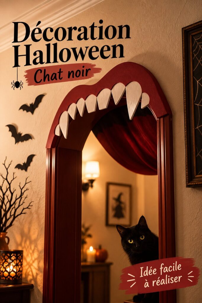 Décoration d'Halloween avec motifs de chats noirs, créant une ambiance mystérieuse.