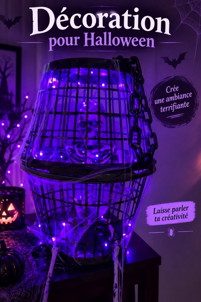 Maison décorée pour Halloween avec des citrouilles et des toiles d'araignée.