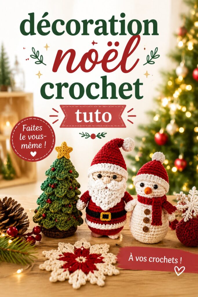 Décorations de Noël au crochet sur une table, illustrant la chaleur de la fête