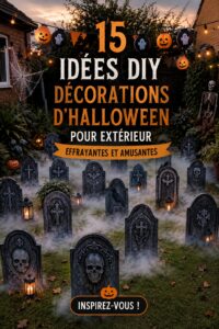Jardin décoré avec des décorations DIY d'Halloween, incluant des citrouilles et des fantômes