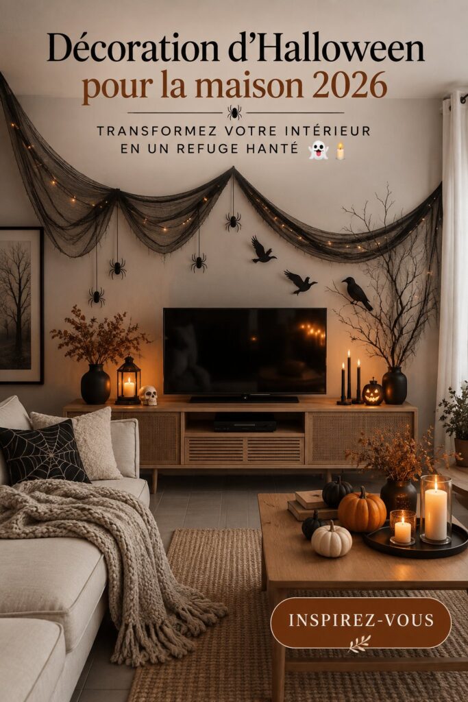 Maison décorée pour Halloween avec des citrouilles et des décorations mystérieuses