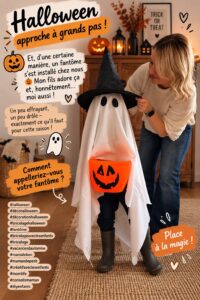 Décoration d'Halloween avec des citrouilles et des fantômes en papier dans un salon.