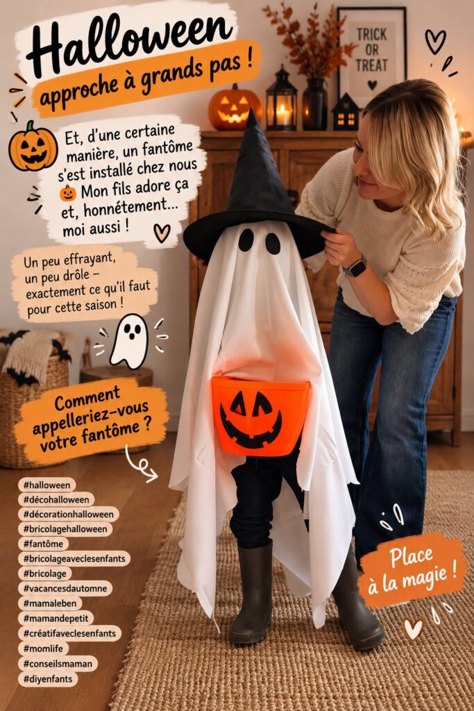 Décoration d'Halloween avec des citrouilles et des fantômes en papier dans un salon.
