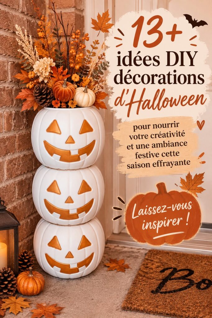 Décorations d'Halloween faites main sur une table avec des citrouilles, toiles d'araignée et bougies.