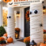 Un jardin décoré pour Halloween avec des lanternes, des toiles d'araignées et des citrouilles, créant une ambiance festive.